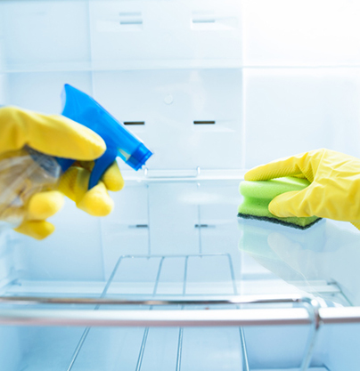 refrigerator cleaning is undergoing by using scrubber